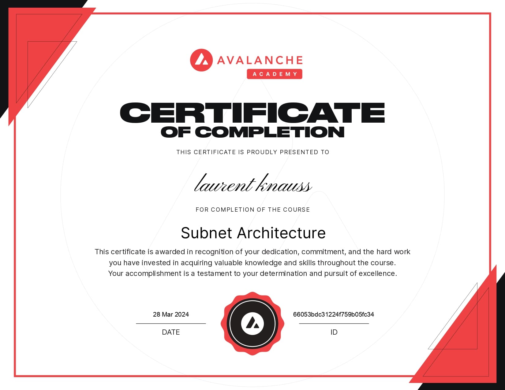 Laurent Knauss — Avalanche blockchain certification