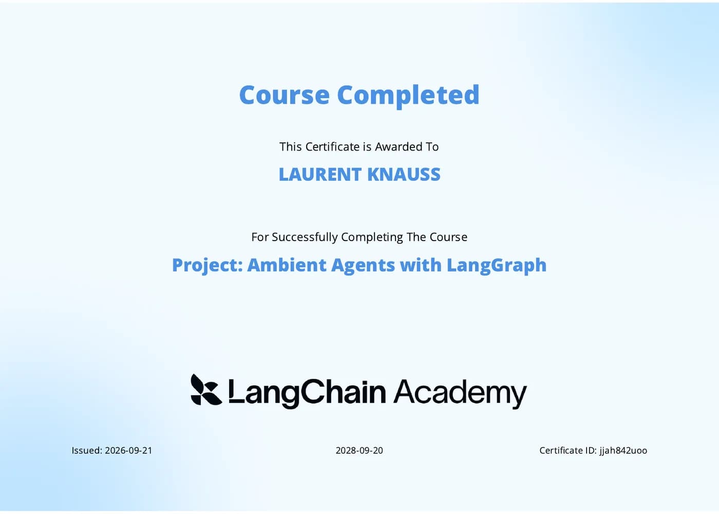 LangChain Academy — Ambient Agents with LangGraph certificate (LAURENT KNAUSS)