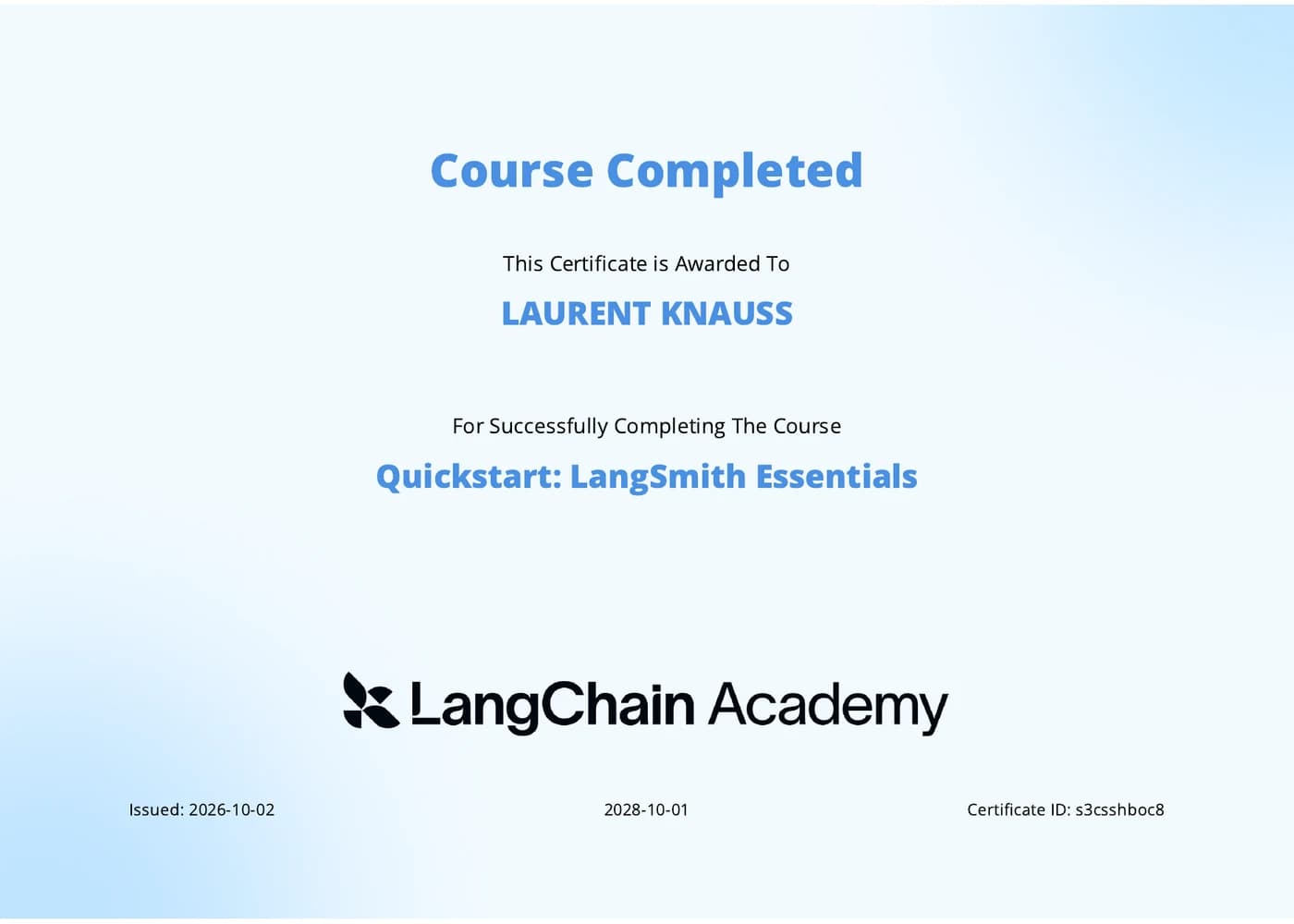 LangSmith — Quickstart: LangSmith Essentials certificate (LAURENT KNAUSS)